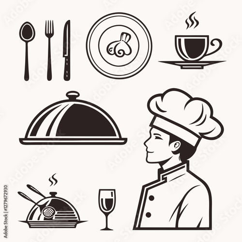 Catering icon set. Containing fork, spoon, knife, plate, cloche, tray, chef hat, beverage, food, dining table, and waiter. Cutlery or tableware in restaurant. Vector illustration