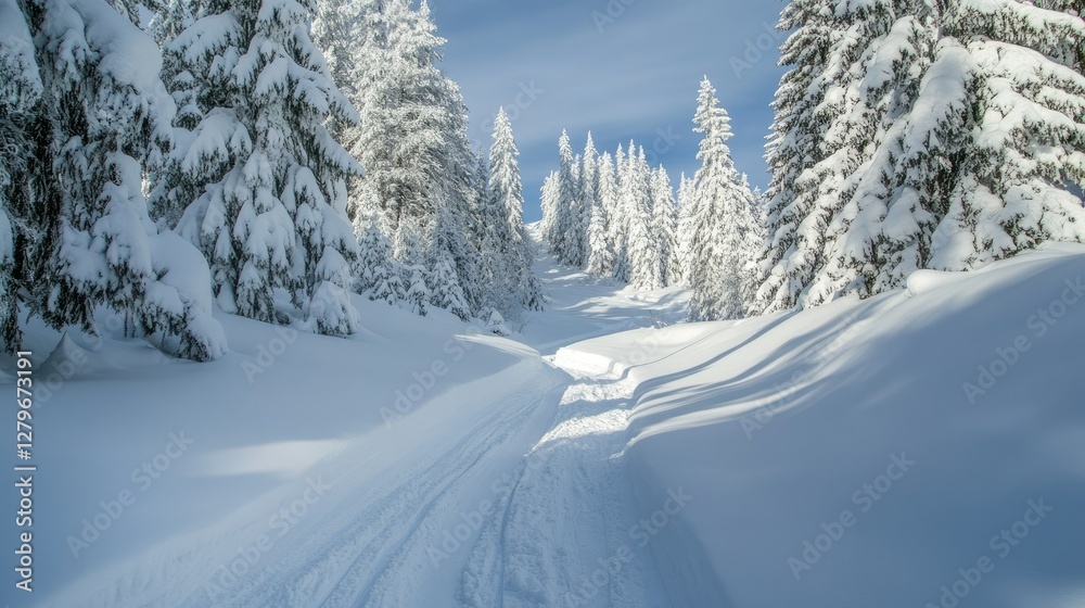 Crisp winter air and untouched powder on a quiet alpine trail, framed by towering, snow-covered pines.