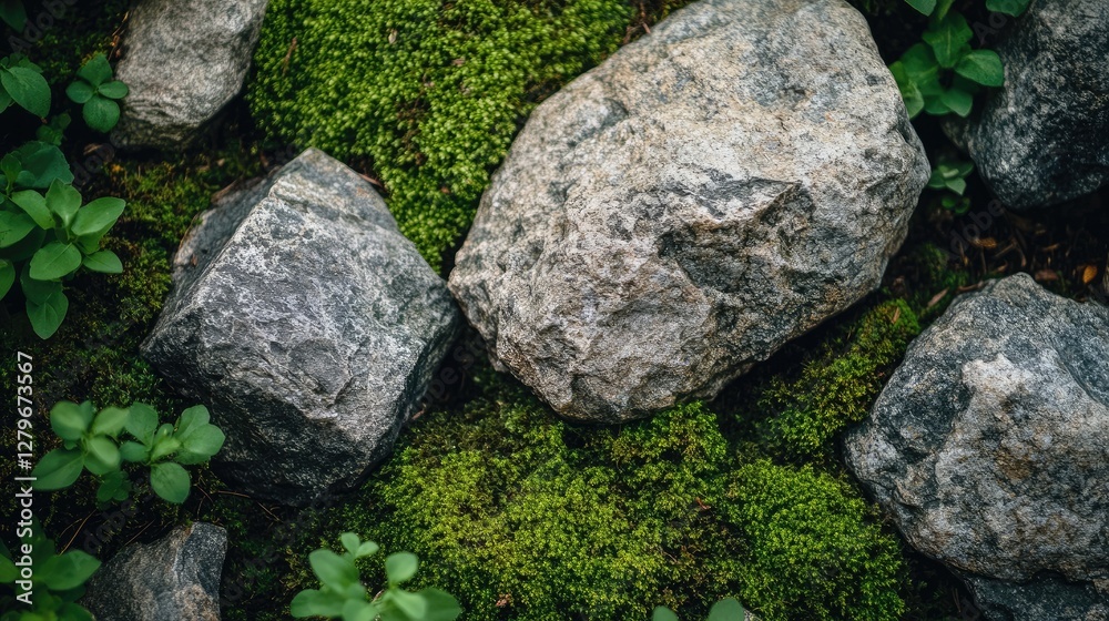 Earthy tones of green moss and rough stone, forming a natural and organic background in a garden setting Earthy tones of green moss and rough stone, forming a natural and organic background in a garden setting