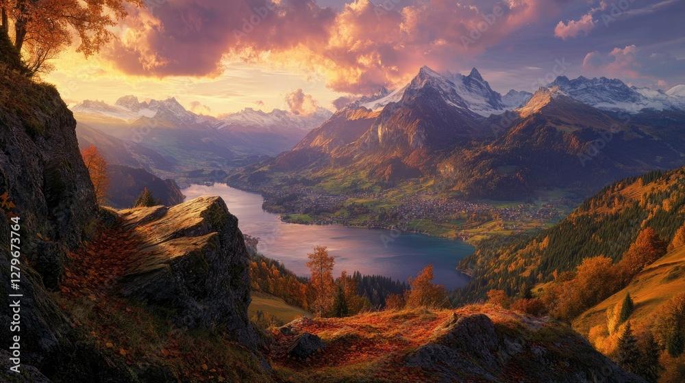 Obraz premium Fiery autumn sunset over the towering cliffs of Saxer Lcke, as Swiss alpine landscapes stretch into the distance