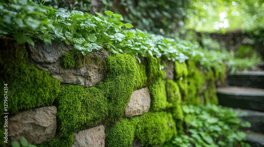 Green moss-covered garden wall with fresh herbs nestled in the crevices, thriving in the humid tropical air Green moss-covered garden wall with fresh herbs nestled in the crevices, thriving in the humid tropical air