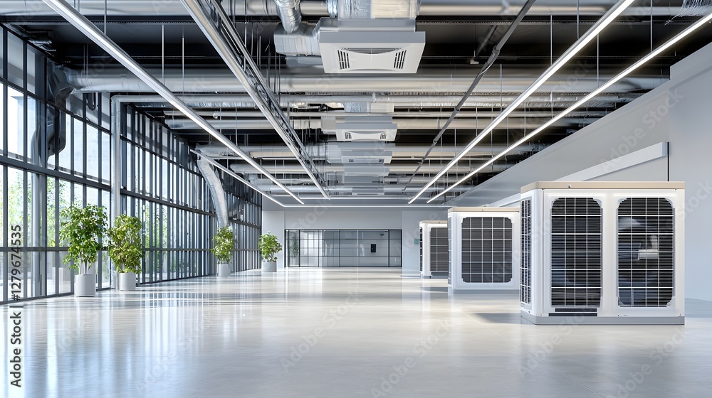A 3D rendering of an advanced energy efficient air conditioning and ventilation system installed in the interior of a modern eco friendly commercial or office building A 3D rendering of an advanced energy efficient air conditioning and ventilation system installed in the interior of a modern eco friendly commercial or office building