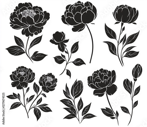 Collection of elegant black peony silhouettes on white background for creative design projects