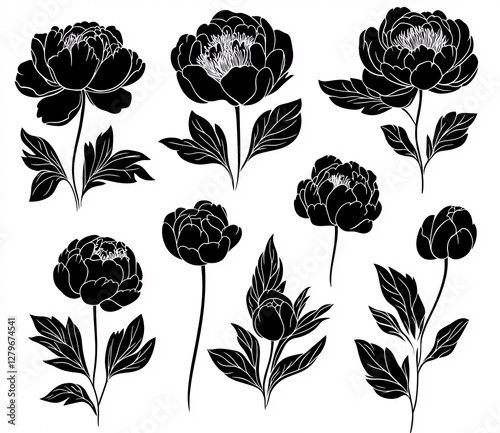 Collection of elegant black peony silhouettes on white background for creative design projects