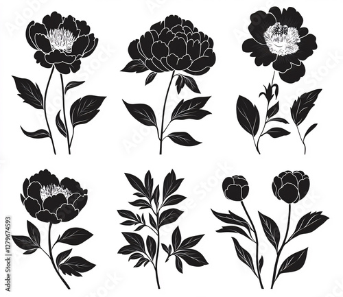 Collection of elegant black peony silhouettes on white background for creative design projects