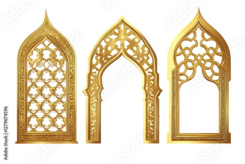 Golden Islamic archway design featuring Arabic motifs Ramadan frames mosque outline Mor