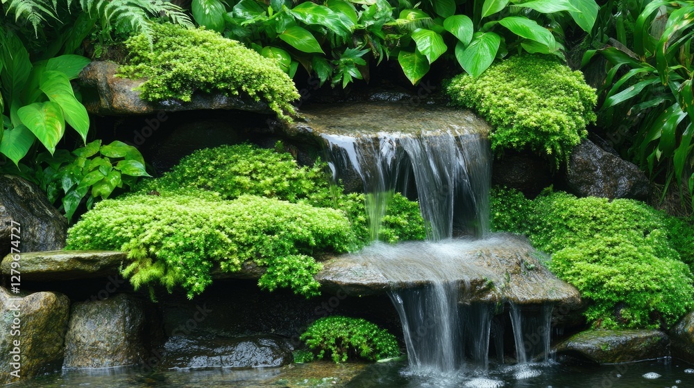 Lush green moss covering wet rocks beneath a cascading waterfall in a tropical rainforest, creating a serene and refreshing atmosphere Lush green moss covering wet rocks beneath a cascading waterfall in a tropical rainforest, creating a serene and refreshing atmosphere