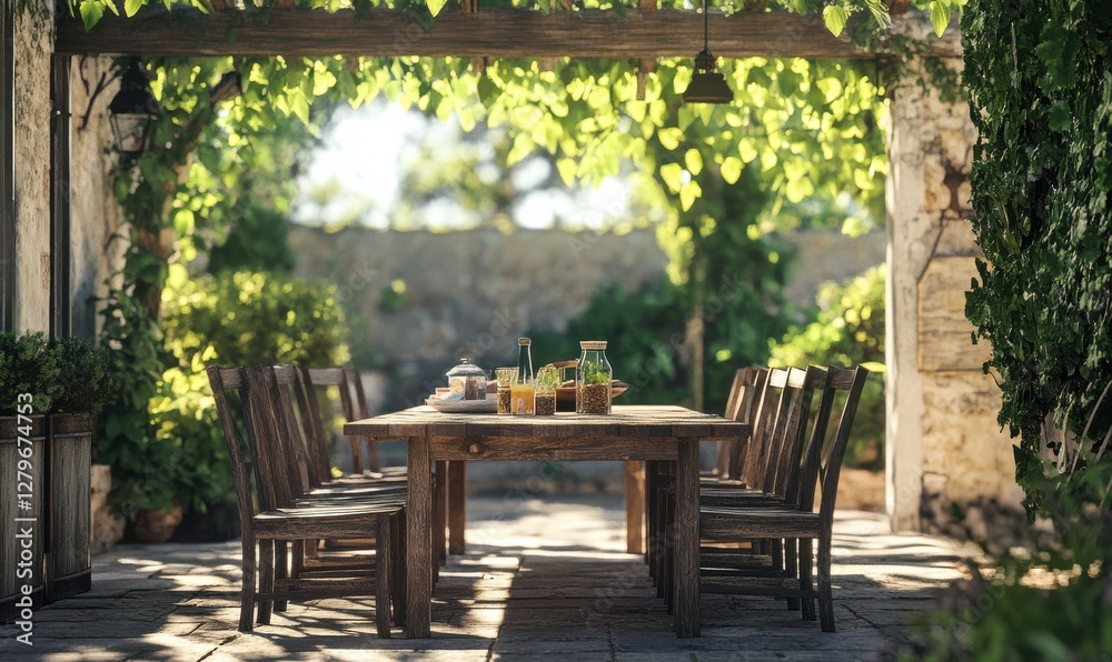 Rustic outdoor dining area with a wooden table and mismatched chairs, soft dappled sunlight filtering through leaves, creating a charming rural vibe, Rustic outdoor dining area with a wooden table and mismatched chairs, soft dappled sunlight filtering through leaves, creating a charming rural vibe,