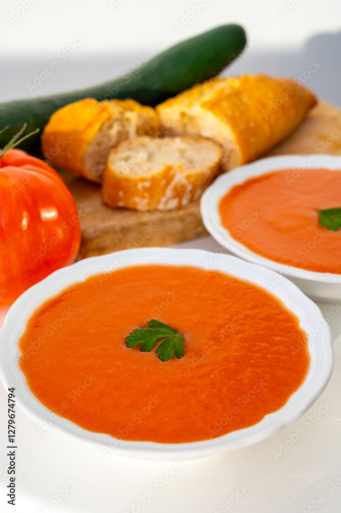 Famous vegetables soup from Cordoba, Andalusia salmorejo served cold in restaurant for lunch as starter dish close up Famous vegetables soup from Cordoba, Andalusia salmorejo served cold in restaurant for lunch as starter dish close up