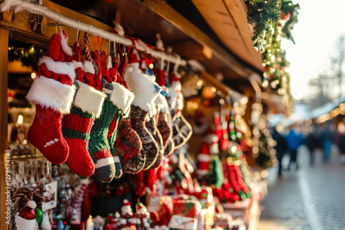 A Christmas market stall filled with colorful holiday themed handmade crafts and decorations. photo