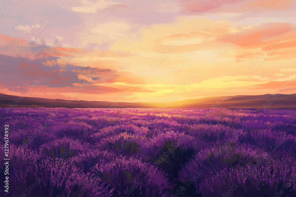 Fototapeta premium A high detail digital painting of a vast lavender field stretching into the distance, with a golden sunset casting a warm glow over the landscape.