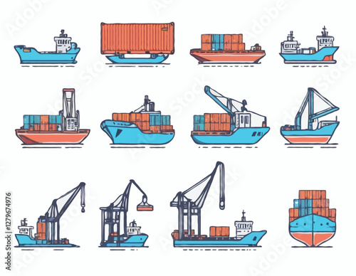 Delivery container ship thin line icon set. Containing shipping storage, cargo crane, freight, truck, and dockyard. Vector illustration