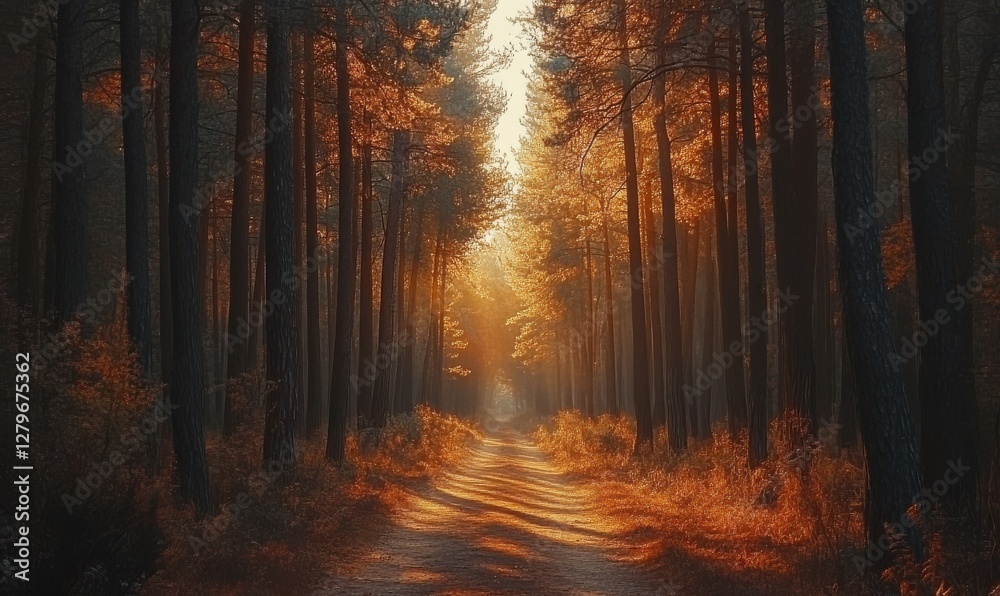 Scenic autumn forest path lined with tall trees glowing in fiery orange and yellow hues. Warm tones highlight seasonal beauty, Scenic autumn forest path lined with tall trees glowing in fiery orange and yellow hues. Warm tones highlight seasonal beauty,