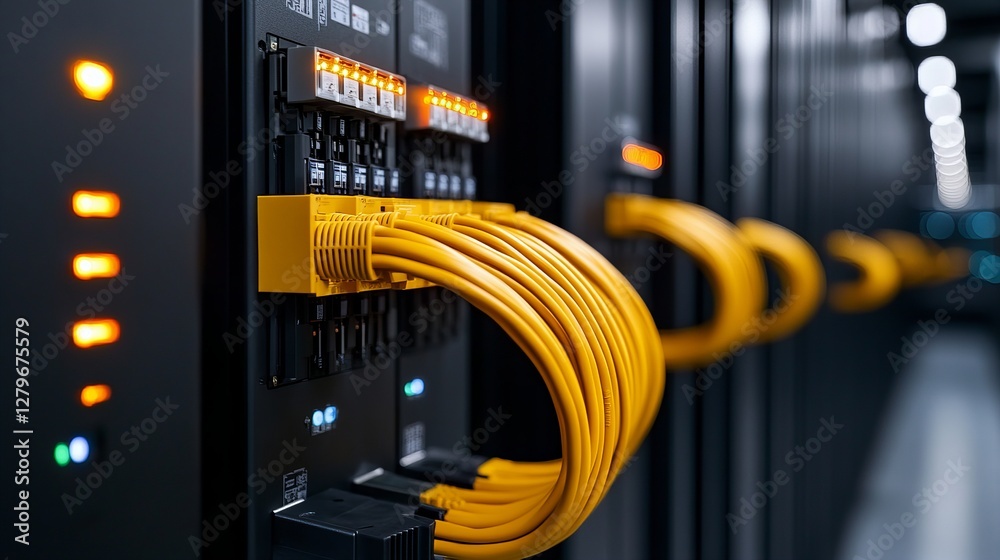 Naklejka premium Bright yellow network cables connected to a server rack in a data center. High-tech infrastructure.