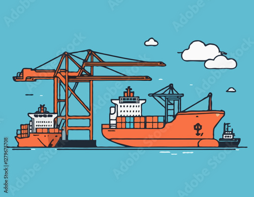 Delivery container ship thin line icon set. Containing shipping storage, cargo crane, freight, truck, and dockyard. Vector illustration
