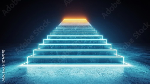 Concrete stairs with embedded LED lights, showcasing sharp geometry and a futuristic glow, set against a backdrop of smooth, minimalist interior design