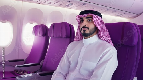 Stylish Arab passenger smiles at the camera inside a Qatar Airways plane