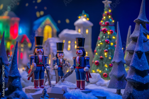 A festive nutcracker themed Christmas display, featuring toy soldiers, twinkling lights, and a glowing Christmas tree.