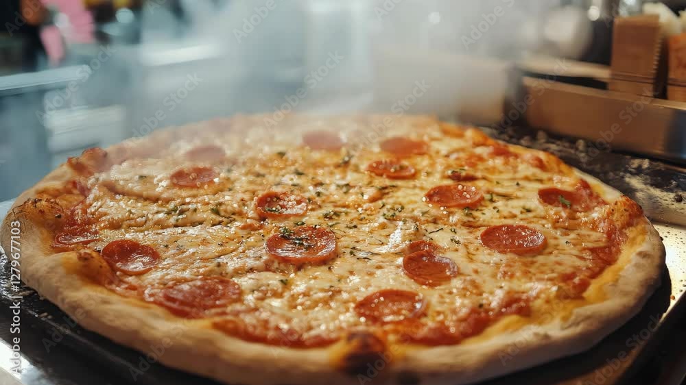 Hot pepperoni pizza fresh out of the oven with rising steam in a cozy kitchen setting Hot pepperoni pizza fresh out of the oven with rising steam in a cozy kitchen setting