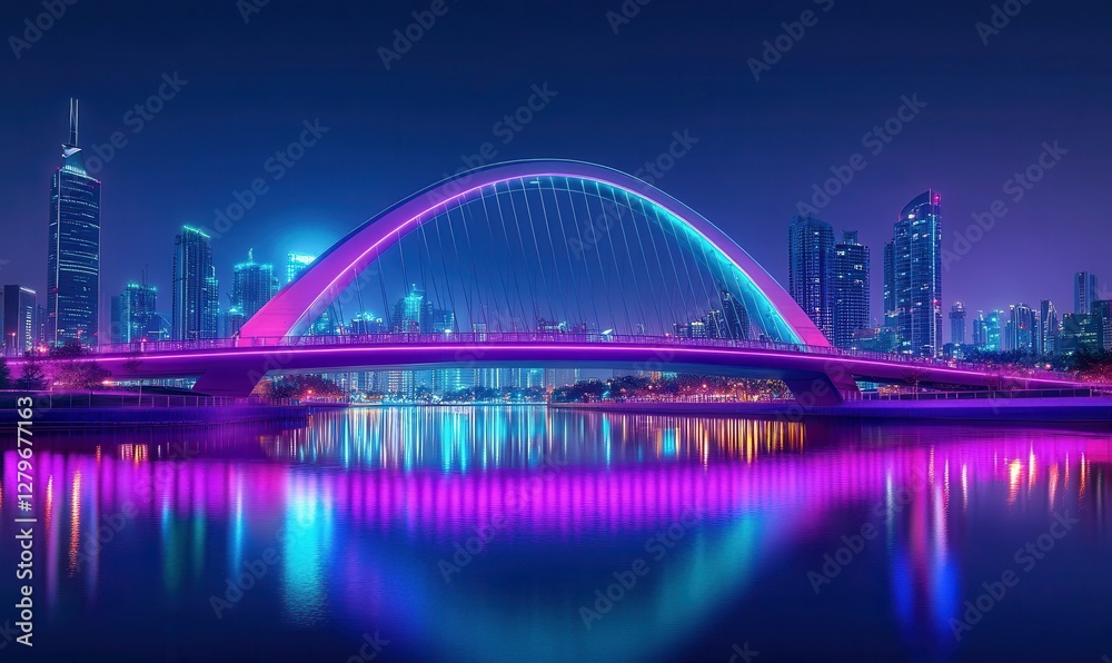 Fototapeta premium Scenic night cityscape with a glowing neon-lit bridge reflecting on calm water, vibrant hues of purple and blue creating a futuristic urban vibe,