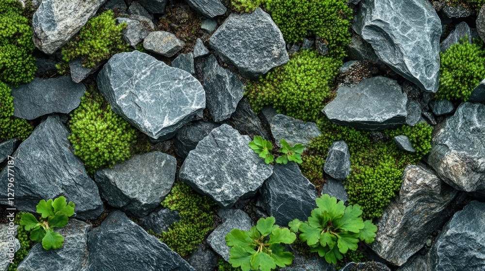 The beauty of nature's textures rough stone, soft moss, and scattered green leaves forming a harmonious composition The beauty of nature's textures rough stone, soft moss, and scattered green leaves forming a harmonious composition