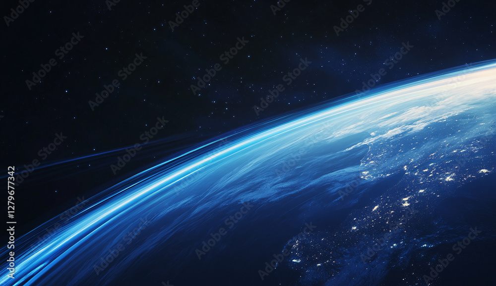 Fototapeta premium Abstract blue gradient with curves and a blurred Earth, perfect for minimalist designs.