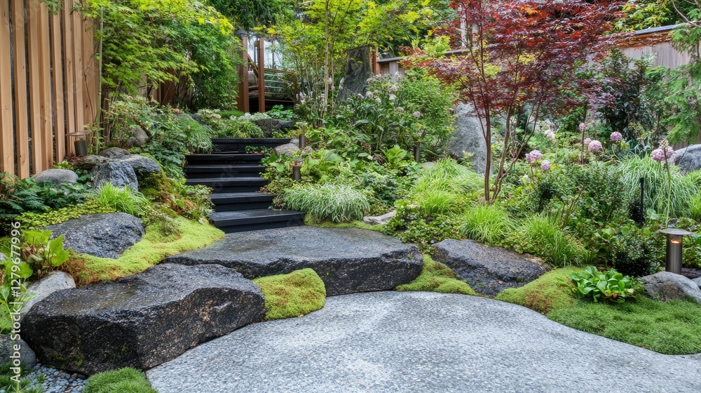 The interplay of moss, stone, and fresh leaves forming a lush, textural nature background in a shaded garden The interplay of moss, stone, and fresh leaves forming a lush, textural nature background in a shaded garden