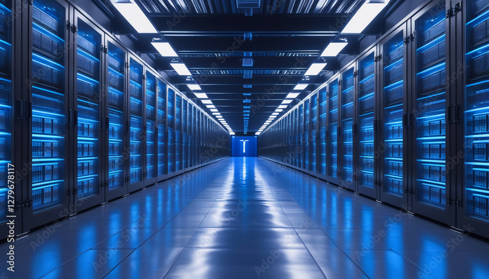 Fototapeta premium Futuristic long corridor with bright blue lighting. Advanced technology, sci-fi environments, sleek modern architecture, glowing design, illuminated corridor, high-tech infrastructure.