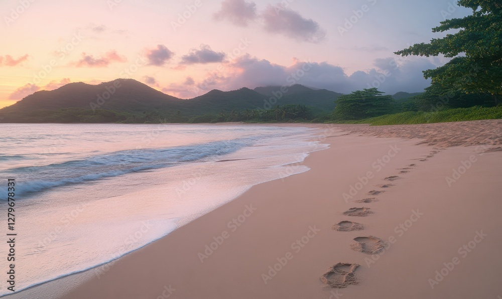 Fototapeta premium Serene beach scene at dawn, footprints in the sand and soft waves lapping at the shore, pastel hues filling the sk