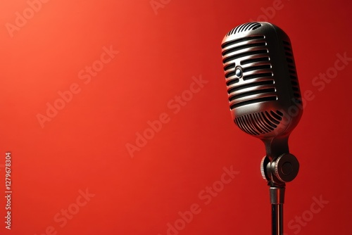 A vintage style chrome microphone stands against a solid red background photo