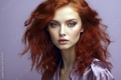 Beautiful confident photo model showcases vibrant makeup against a pastel color background in a studio setting, people and skincare, fashion theme concept.  