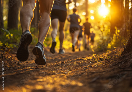Close-up of athletic legs running on a forest trail during a vibrant sunset