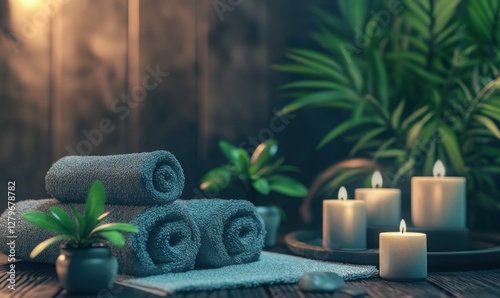 Serene spa scene with soft towels, aromatic candles, and green plants arranged for a calming atmospher photo