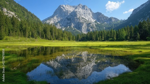 The Wellhorn mountain reflecting in a small pond near the Reichenbach River, surrounded by lush green pastures in the Rosenlaui valley