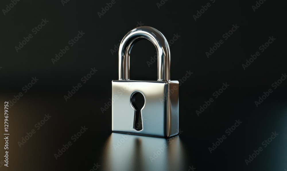Fototapeta premium Shiny silver lock with a key, placed against a smooth black surface, symbolizing security and confidentiality.