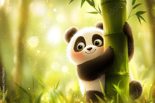 A cheerful and adorable illustration of a tiny panda hugging a giant bamboo stalk, its round eyes filled with curiosity and happiness. photo