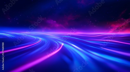 A vast expanse of swirling cosmic fog and bright nebulae, filled with iridescent light trails, glowing blue and violet mist, dreamy sci-fi vibe, soft blur edges, digital painting