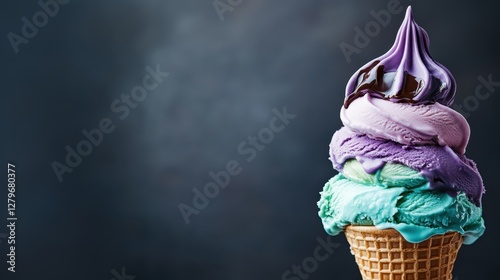 Wallpaper Mural Pastel colored ice cream scoops dripping over waffle cone, rich chocolate sauce cascading, melting against shadowy backdrop with negative space Torontodigital.ca