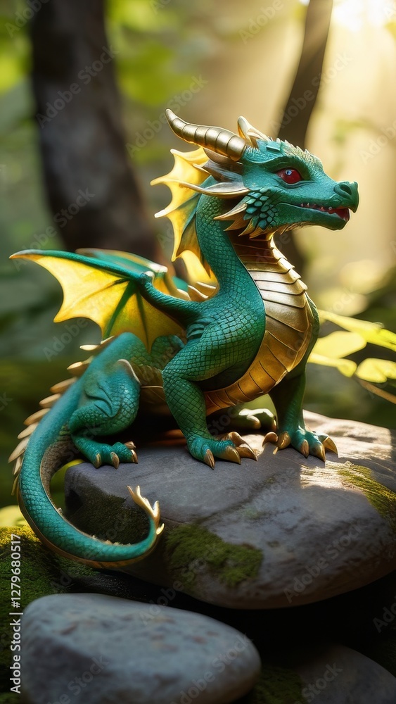 Obraz premium A green dragon is standing on a rock near a waterfall. The dragon has a large head and is surrounded by lush green foliage. The scene is serene and peaceful
