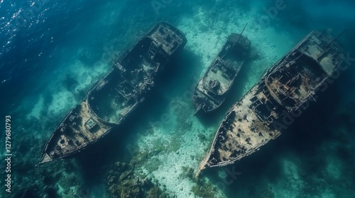 Underwater Wreckage of Ships, Tropical Coral Reef photo