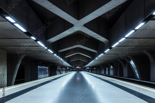 A futuristic brutalist train station, with cavernous ceilings, sharp architectural lines, and dimly glowing LED indicators.