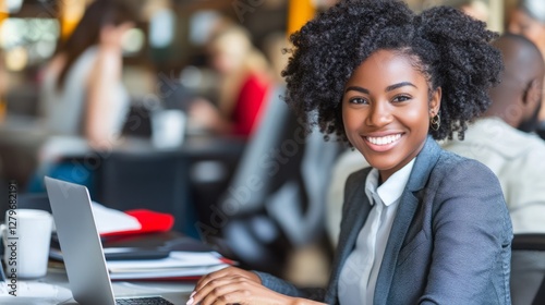 The smiling Hispanic businesswoman sitting at her desk with a confident smile...