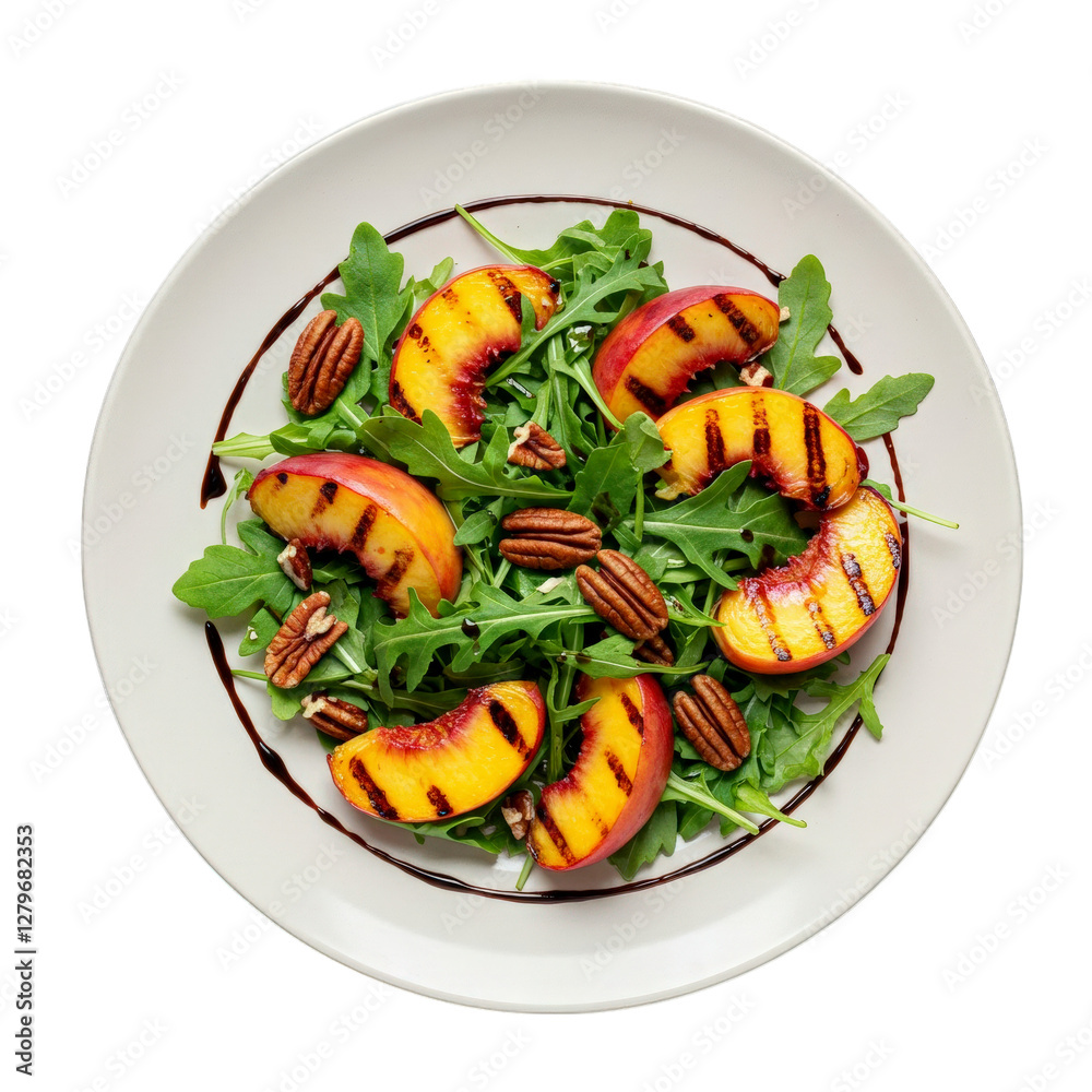 Grilled Peach Salad on a plate - grilled peaches, arugula, pecans, balsamic reduction Grilled Peach Salad on a plate - grilled peaches, arugula, pecans, balsamic reduction