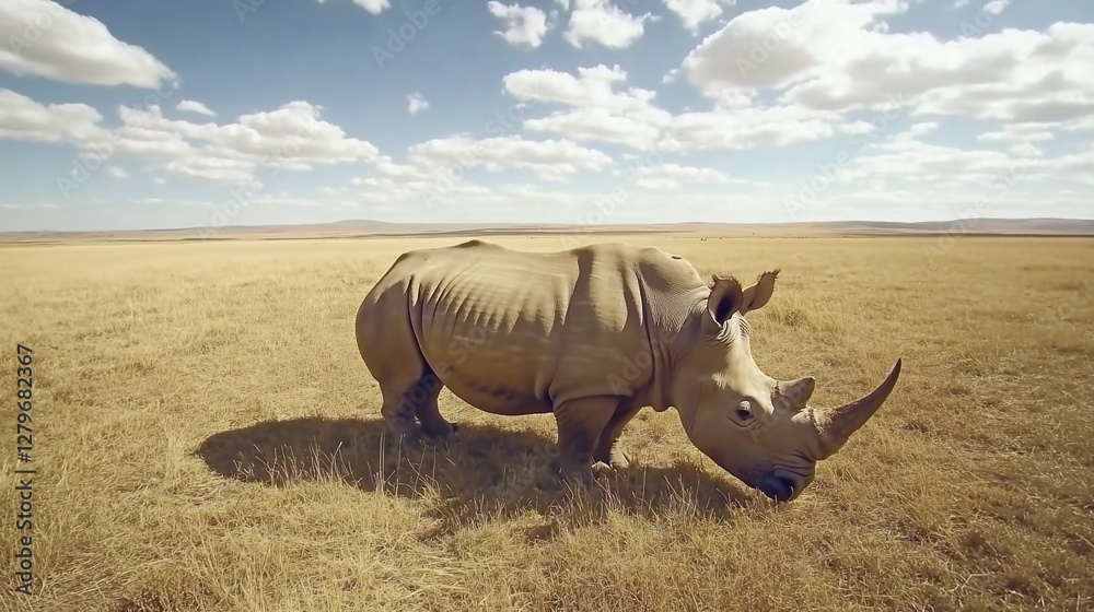 Fototapeta premium Rhino grazing savanna, sunny African landscape