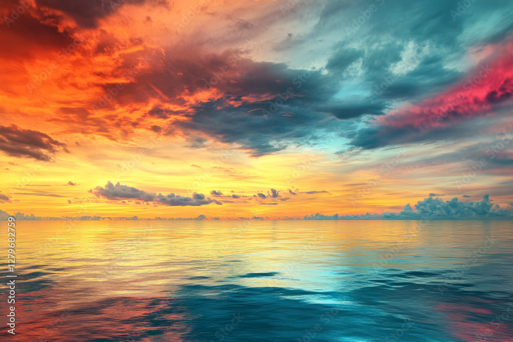 A liquid like sky where clouds appear to be melting, dripping vibrant colors into a reflective ocean below.