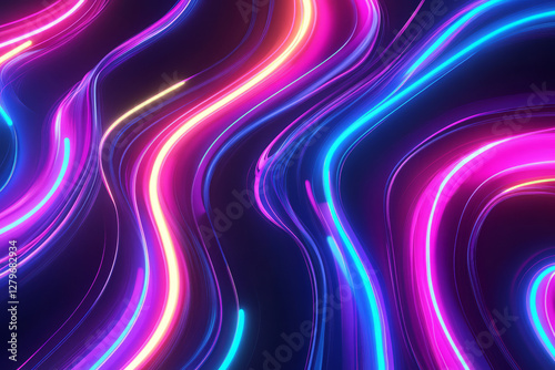A mesmerizing digital artwork of swirling neon light trails forming intricate, fluid patterns against a dark background. The glowing, vibrant colors create a futuristic and high energy feel, perfect