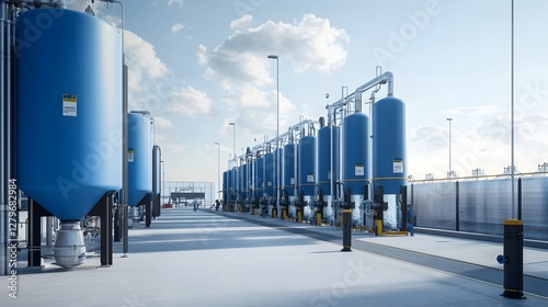 Detailed 3D rendered showcasing the inner workings and equipment of an industrial reverse osmosis water purification plant  The facility features various tanks pipes