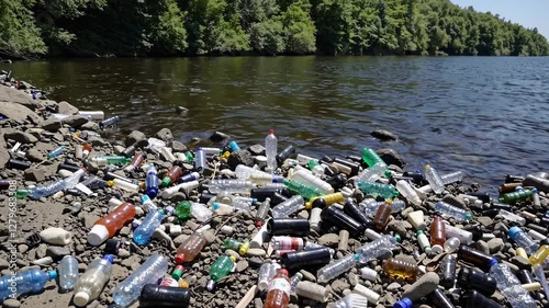 Wallpaper Mural Wide-angle video shot of a polluted lakeshore with plastic bottles and debris, highlighting environmental issues against a backdrop of lush green trees. Torontodigital.ca