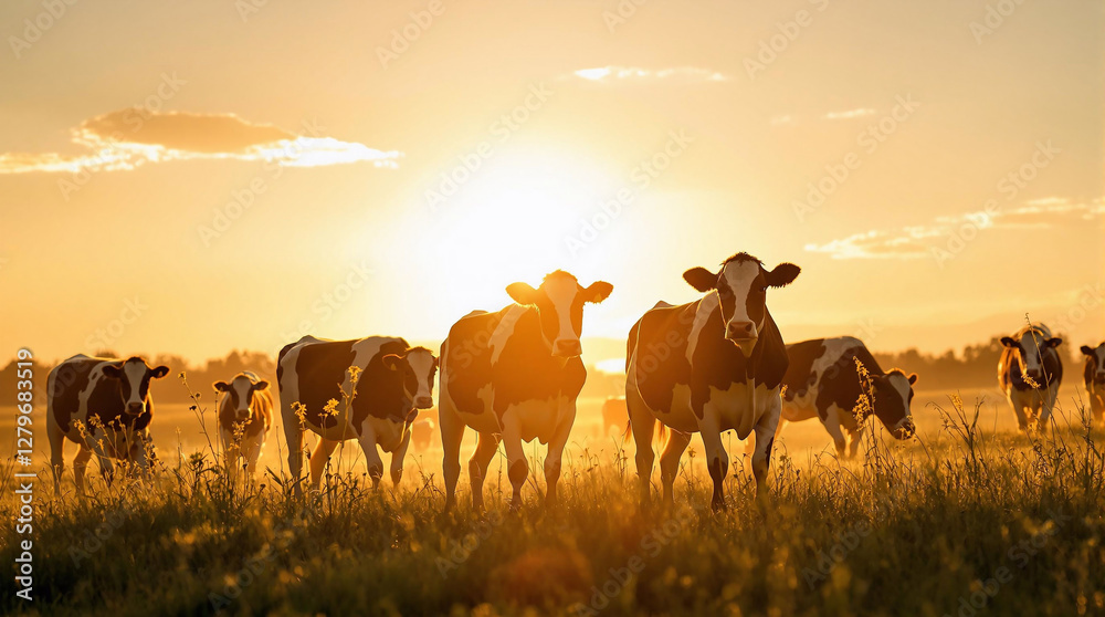 A herd of cattle grazing in a field during sunset, with the sun casting a golden hue over the scene. The cattle are captured in various stages of their grazing, and the field is dotted with lush green A herd of cattle grazing in a field during sunset, with the sun casting a golden hue over the scene. The cattle are captured in various stages of their grazing, and the field is dotted with lush green