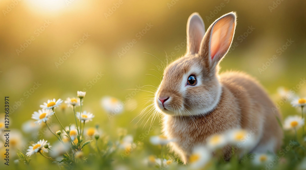 Fototapeta premium A rabbit sitting amidst a field of daisies, bathed in the soft glow of the setting or rising sun. The rabbit's fur is a rich brown, and its eyes are a captivating shade of blue. The surrounding flower